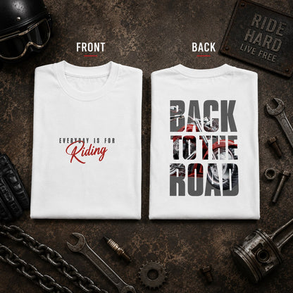 White Back to the Road oversized biker t-shirt folded flat, showing both the front slogan print and the motorcycle back print.