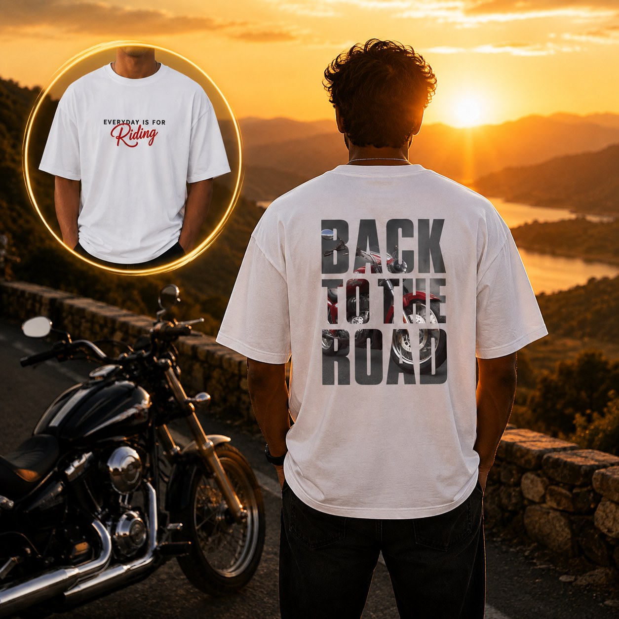 Rider in a white Back to the Road oversized biker t-shirt on a sunset mountain road beside a cruiser motorcycle.