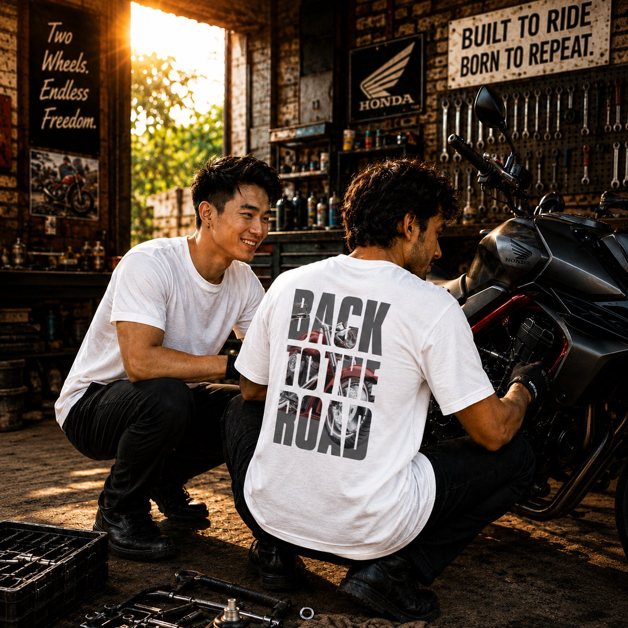Two riders servicing a motorcycle in a garage, one wearing the white Back to the Road oversized biker t-shirt.