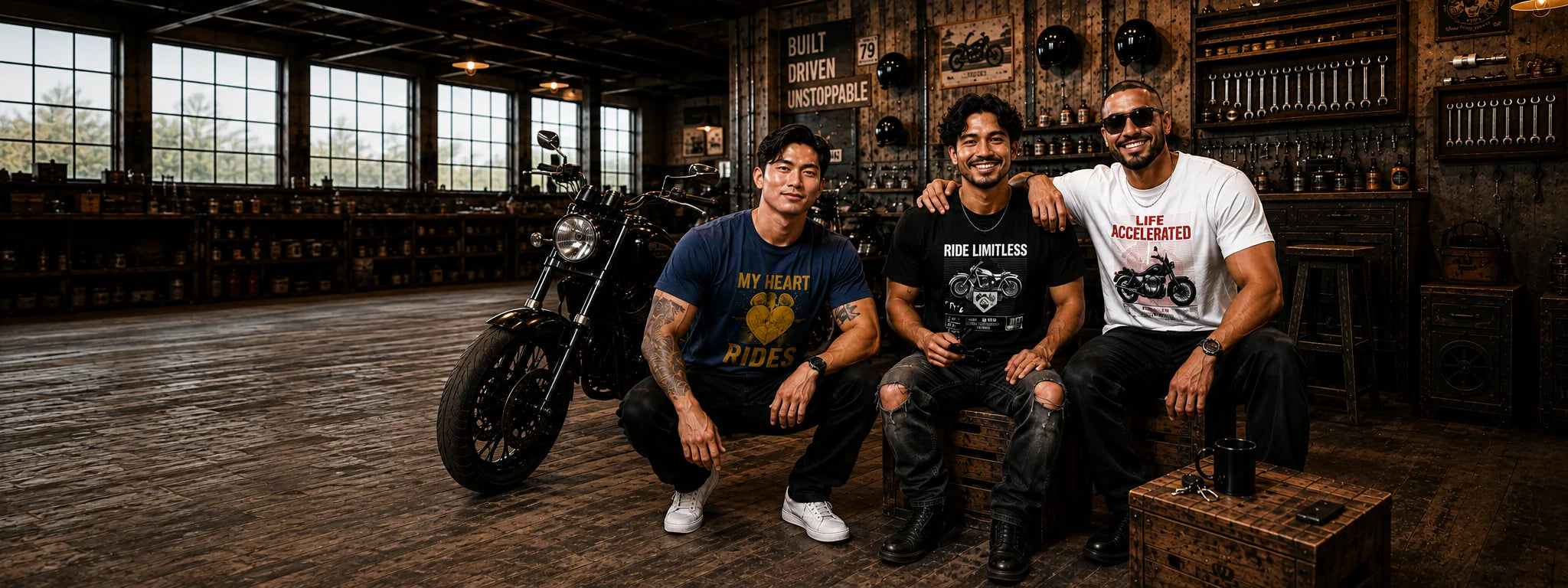 Three men in a motorcycle workshop wearing UnikornTribes biker t-shirts — My Heart Rides, Ride Limitless and Life Accelerated