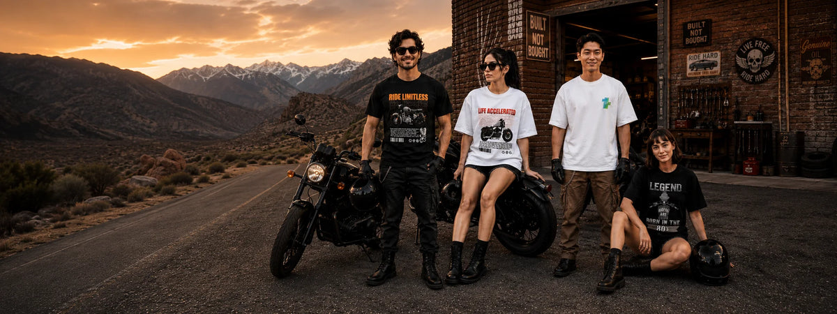 Riders at sunset on a mountain road wearing UnikornTribes biker t-shirts, including Ride Limitless and Legend Riders Are Born in the 80s
