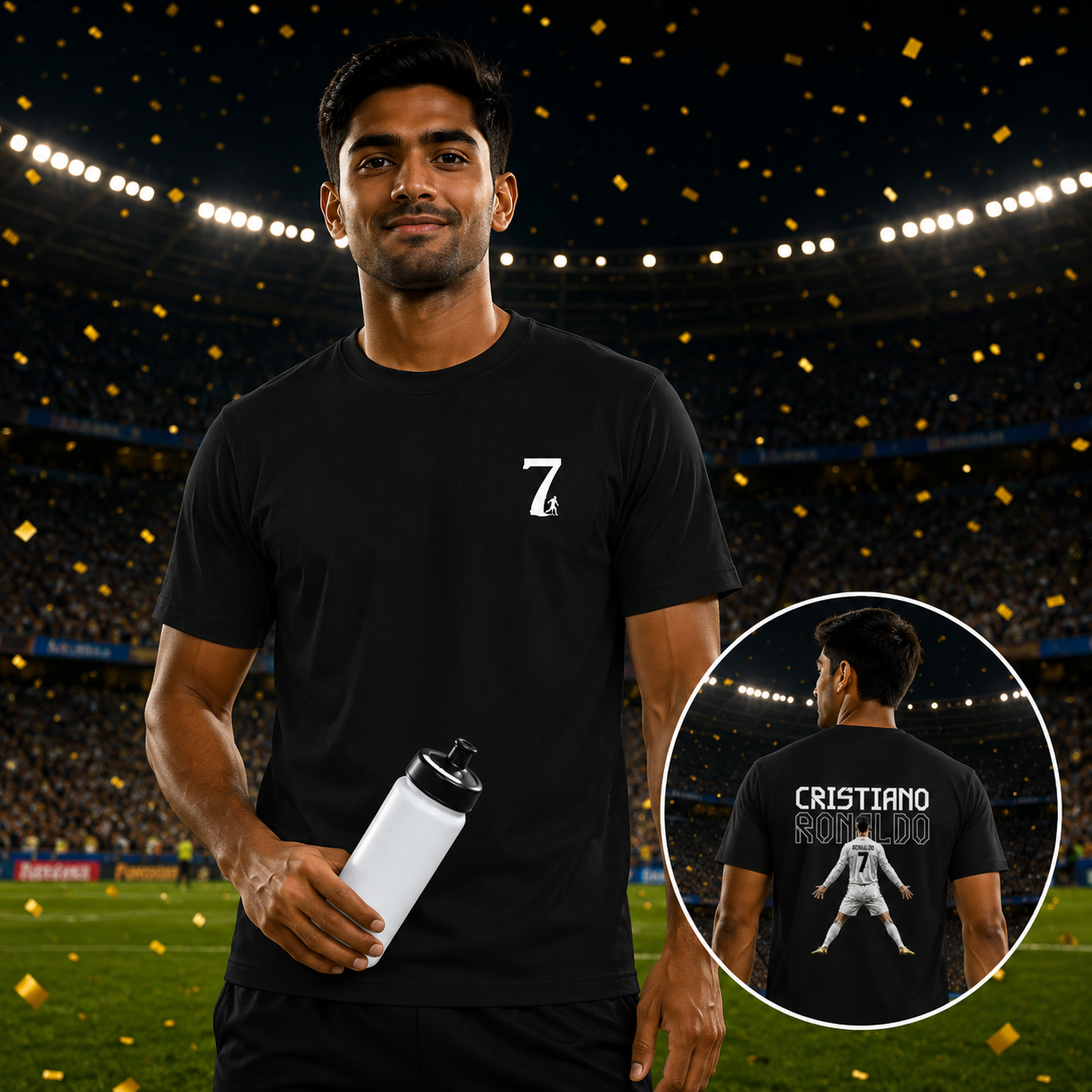 Male model wearing the CR7 The Legend Ronaldo Fan T-Shirt in black
