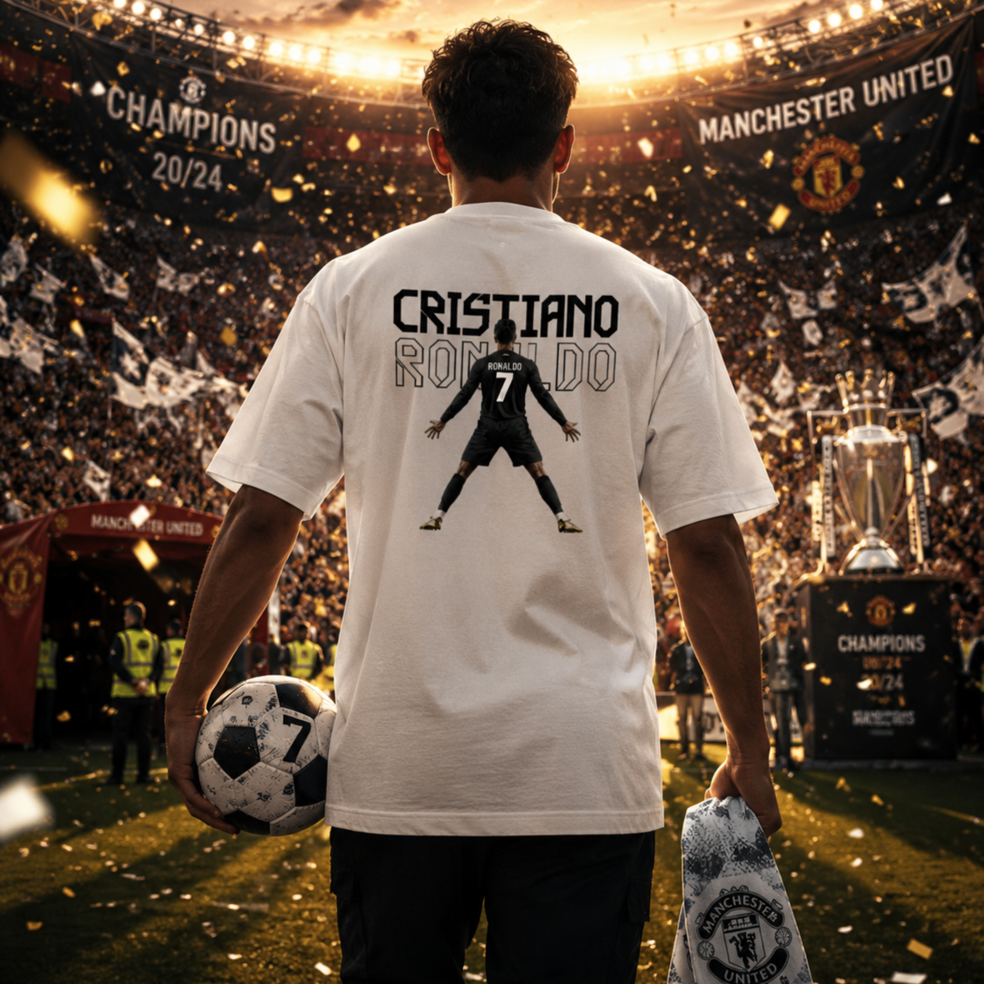 Male model wearing the CR7 The Legend Cristiano Ronaldo Fan T-Shirt in white by UnikornTribes