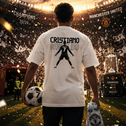 Male model wearing the CR7 The Legend Cristiano Ronaldo Fan T-Shirt in white by UnikornTribes