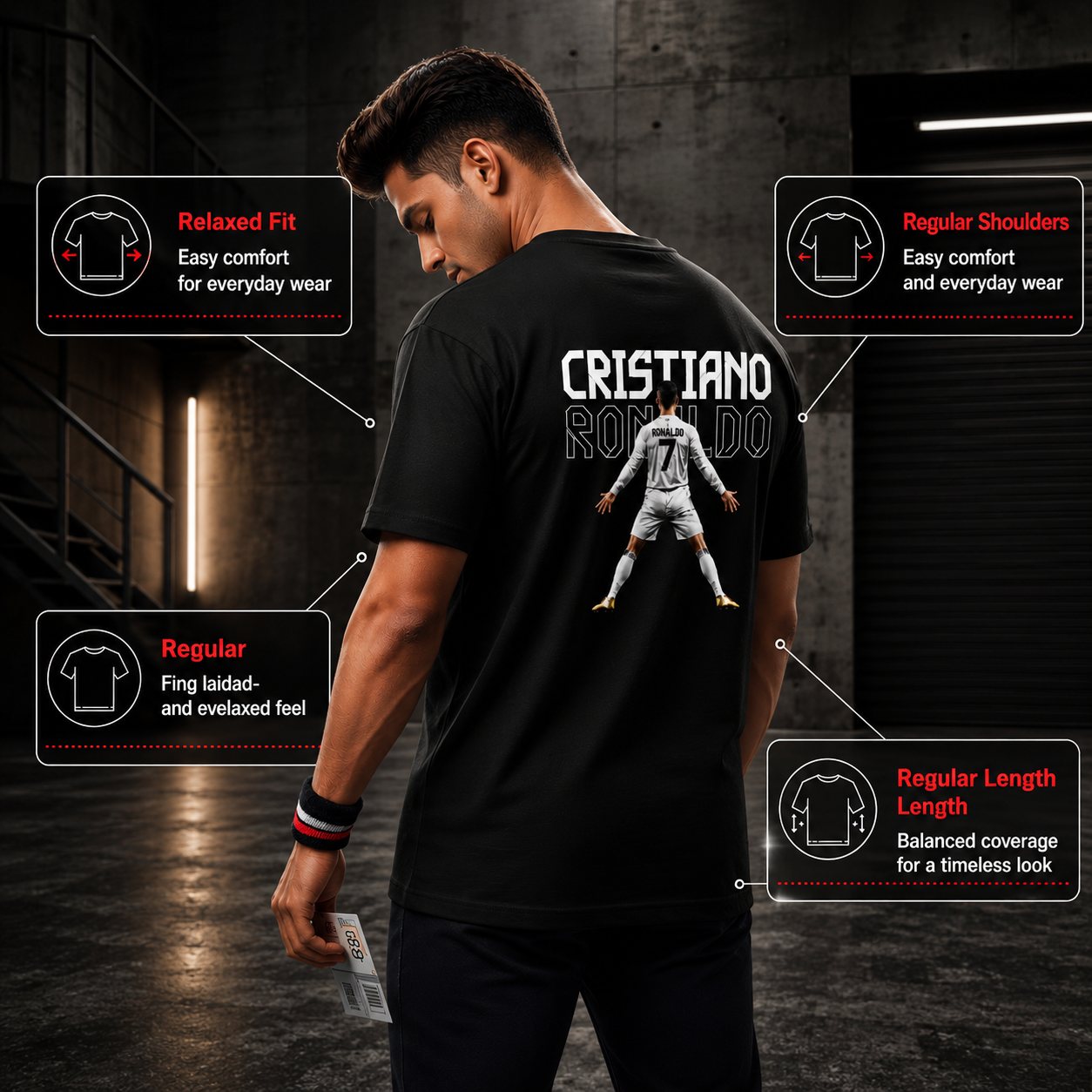 Male model wearing the CR7 The Legend Cristiano Ronaldo Fan T-Shirt in black by UnikornTribes