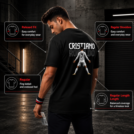 Male model wearing the CR7 The Legend Cristiano Ronaldo Fan T-Shirt in black by UnikornTribes