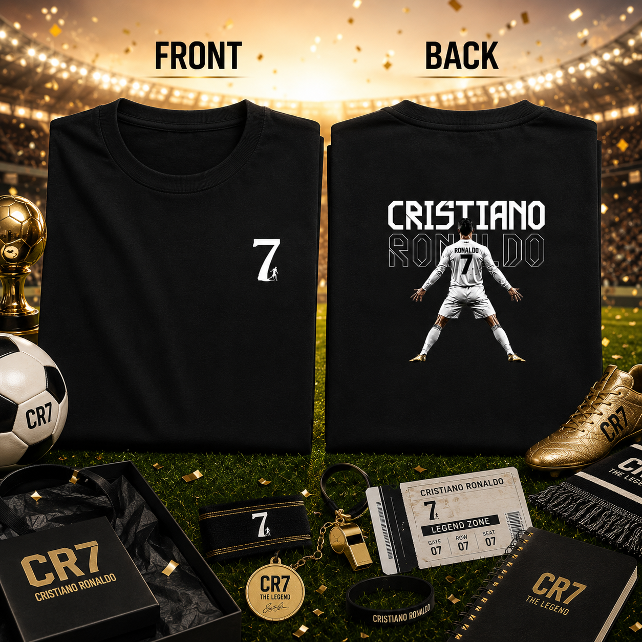 Front and back view of the CR7 The Legend Ronaldo Fan T-Shirt in black by UnikornTribes