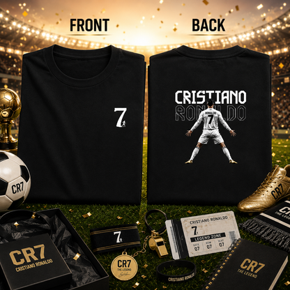 Front and back view of the CR7 The Legend Ronaldo Fan T-Shirt in black by UnikornTribes