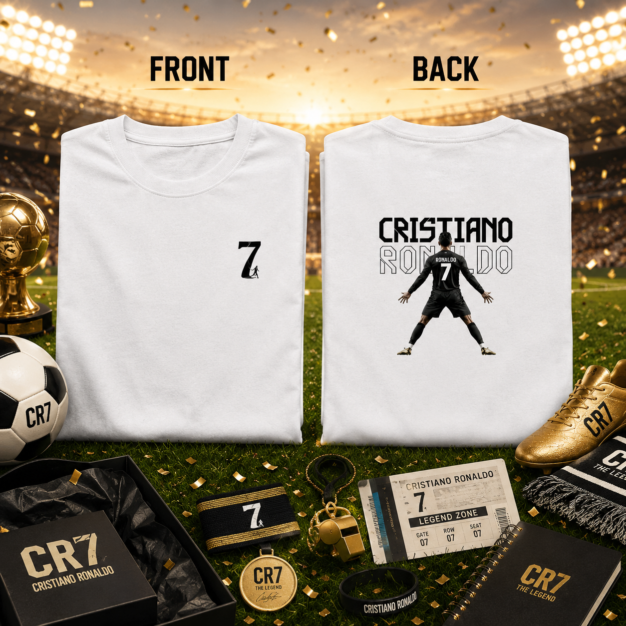 Front and back view of the CR7 The Legend Ronaldo Fan T-Shirt in white by UnikornTribes