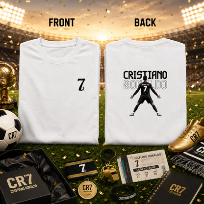 Front and back view of the CR7 The Legend Ronaldo Fan T-Shirt in white by UnikornTribes