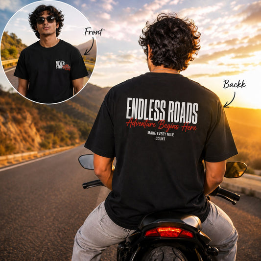 Man on motorcycle wearing black Endless Roads oversized biker t-shirt showing front and back print