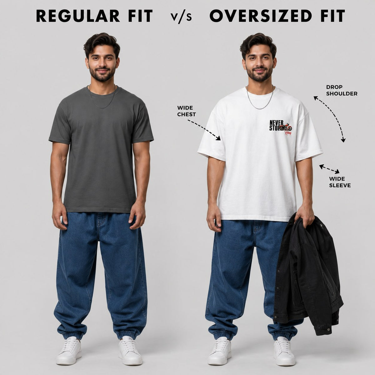 Regular fit vs oversized fit comparison guide for Endless Roads biker t-shirt with drop shoulder and wide sleeve.