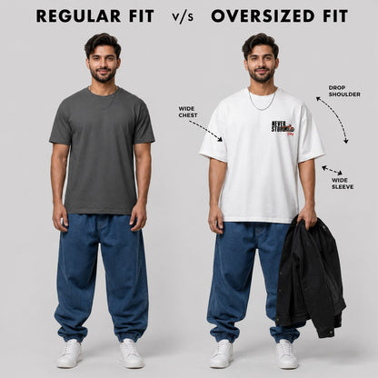Regular fit vs oversized fit comparison guide for Endless Roads biker t-shirt with drop shoulder and wide sleeve.