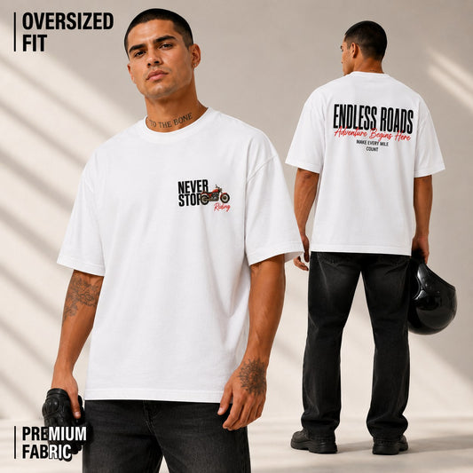 Model in white Endless Roads oversized biker t-shirt, front and back view of premium cotton oversized fit