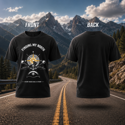 Front and back view of the black Finding My North premium biker T-shirt featuring compass and motorcycle artwork.