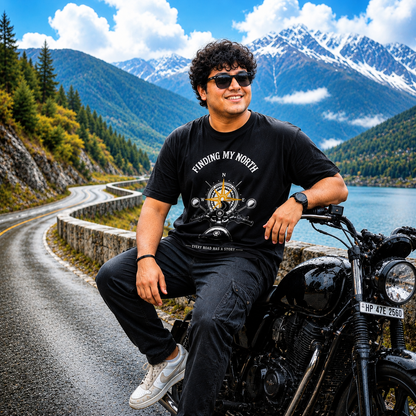 Male rider wearing the black Finding My North premium biker T-shirt beside a motorcycle on a scenic mountain road.