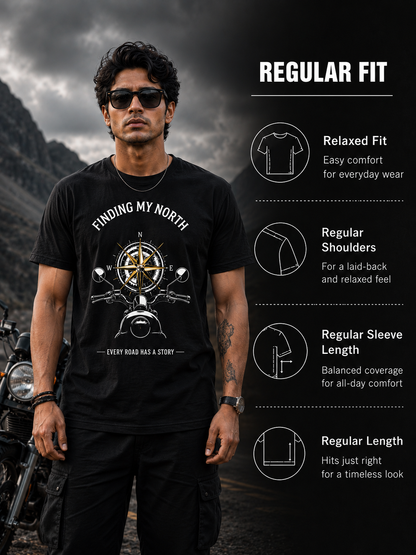 Product features of the Finding My North premium biker T-shirt highlighting regular fit and premium cotton fabric.