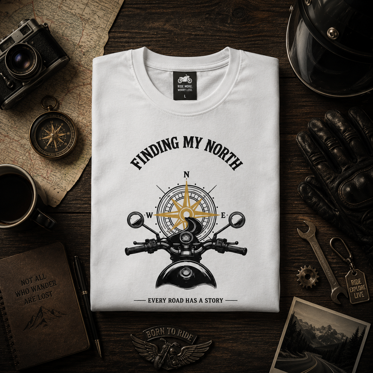Folded white Finding My North premium biker T-shirt featuring compass and motorcycle illustration.