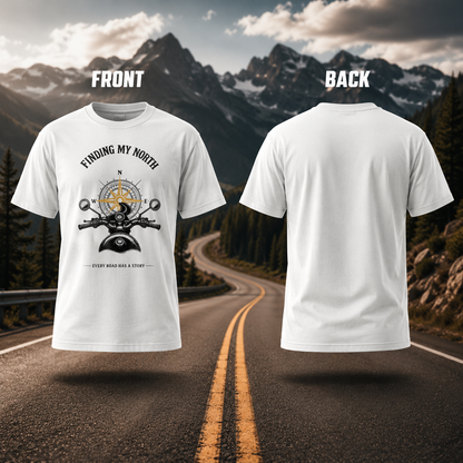 Front and back view of the white Finding My North premium biker T-shirt with compass-inspired motorcycle graphic.