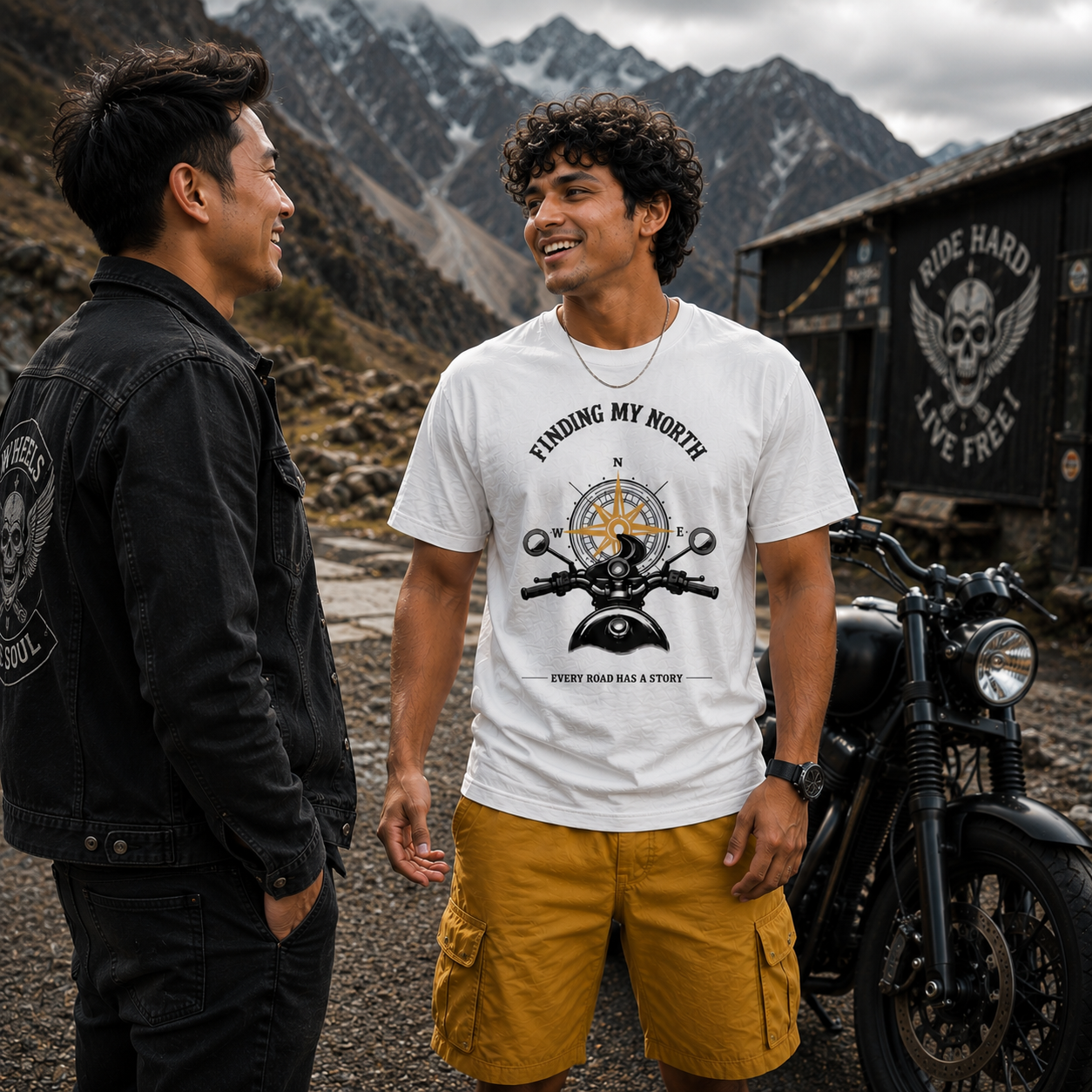 Male rider wearing the white Finding My North premium biker T-shirt during a mountain road trip.