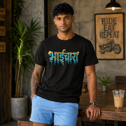 Male model wearing the black Friendship Day Bhaichara premium graphic T-shirt with bold Hindi typography design.