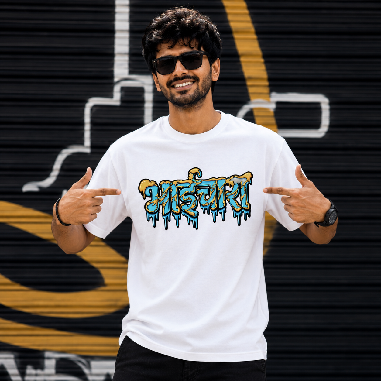 Man wearing the white Friendship Day Bhaichara premium graphic T-shirt showcasing the Hindi typography friendship design.