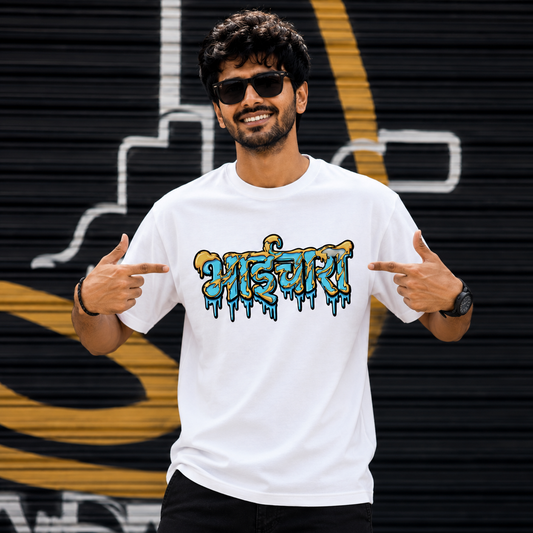 Man wearing the white Friendship Day Bhaichara premium graphic T-shirt showcasing the Hindi typography friendship design.