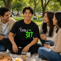 Model wearing the black Just Chill Bro premium graphic T-shirt in a casual outdoor setting, styled for everyday streetwear.