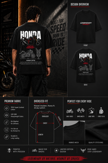 Product overview of the Legendary Hornet Premium Oversized Biker T-Shirt highlighting oversized fit, premium fabric, front and back artwork and rider features.