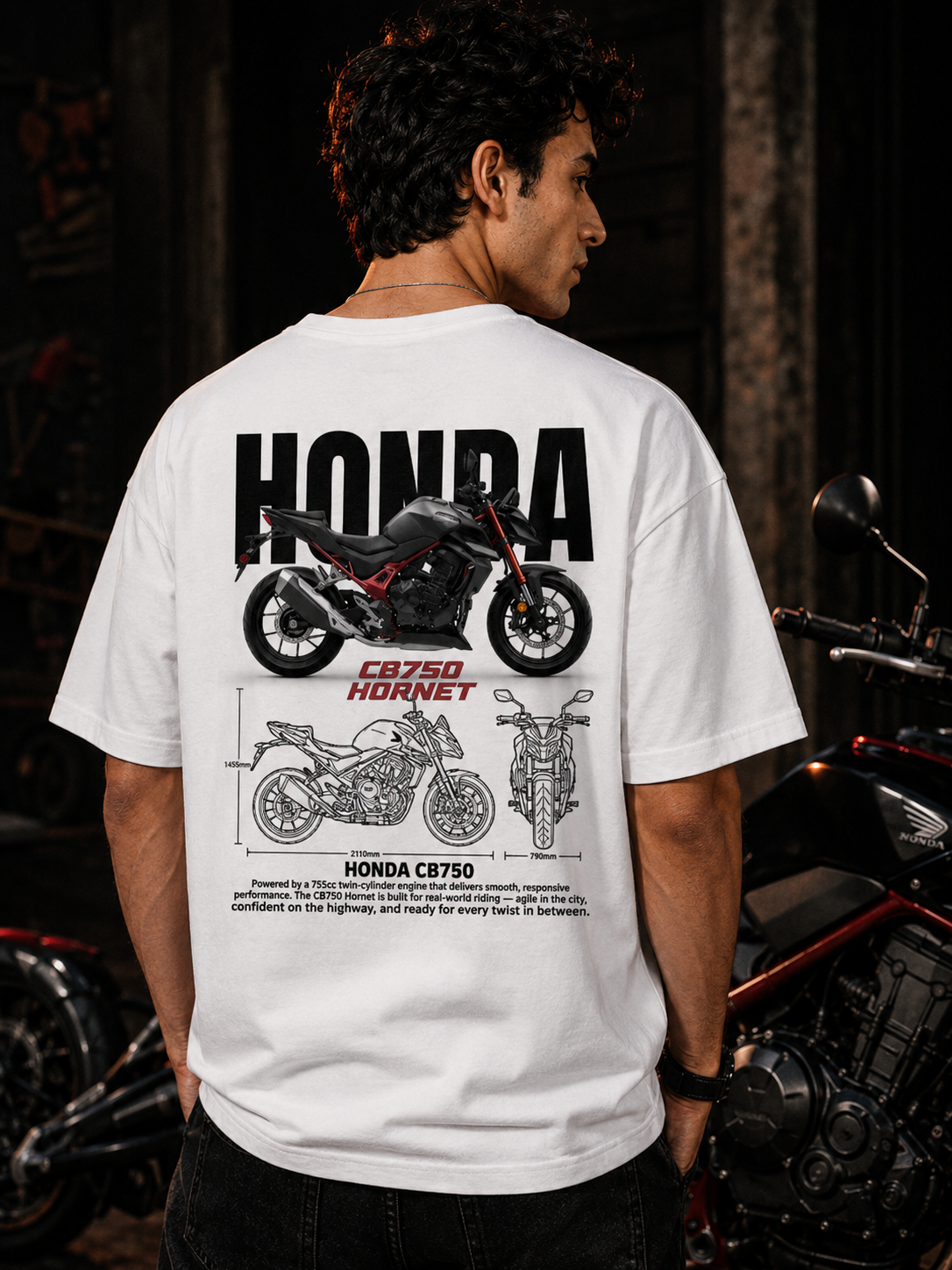 Rear view of the white Legendary Hornet Premium Oversized Biker T-Shirt displaying the motorcycle blueprint artwork.