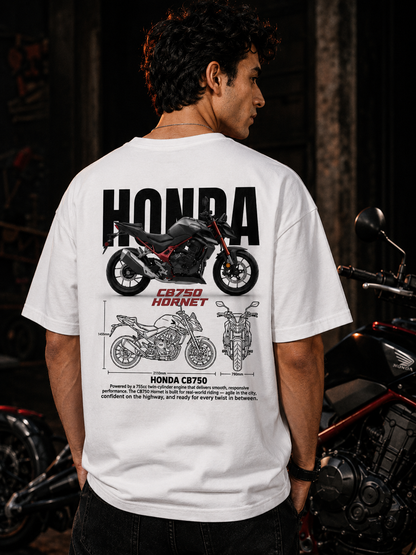 Rear view of the white Legendary Hornet Premium Oversized Biker T-Shirt displaying the motorcycle blueprint artwork.