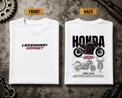 Folded white Legendary Hornet Premium Oversized Biker T-Shirt featuring premium front and back motorcycle graphics.