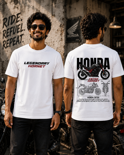 Model wearing the white Legendary Hornet Premium Oversized Biker T-Shirt showing front and back motorcycle design.