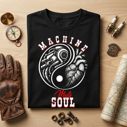 Machine Meets Soul premium biker t-shirt in black, folded to show the front print