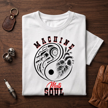 Machine Meets Soul premium biker t-shirt in white, folded to show the MACHINE MEETS SOUL print