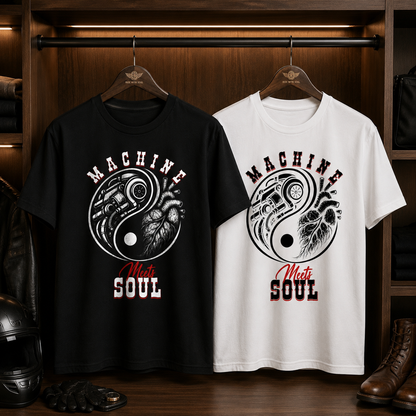 Machine Meets Soul premium biker t-shirt in black and white displayed together on hangers