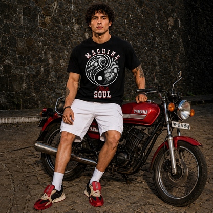 Rider wearing the Machine Meets Soul premium biker t-shirt in black, front print reading MACHINE MEETS SOUL