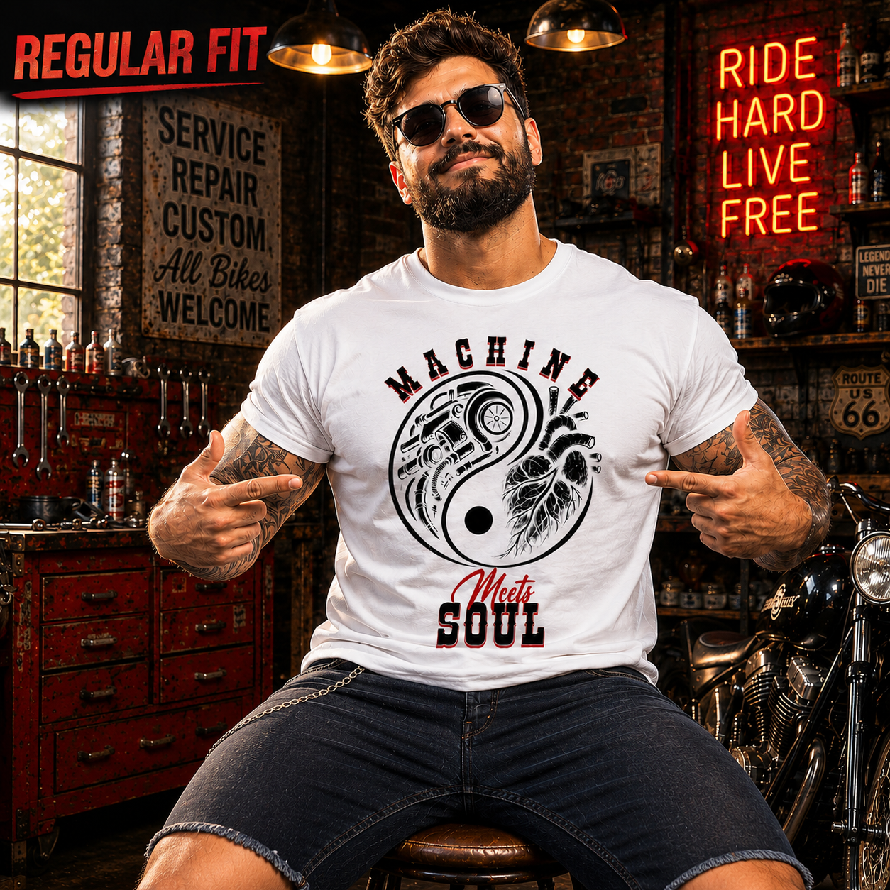 Rider wearing the Machine Meets Soul premium biker t-shirt in white, front view of the print