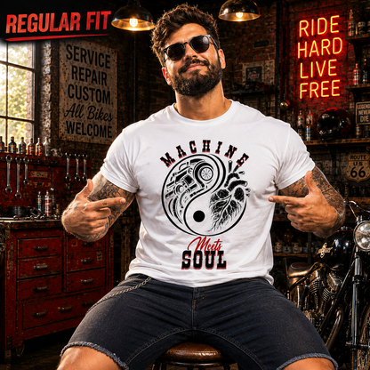 Rider wearing the Machine Meets Soul premium biker t-shirt in white, front view of the print