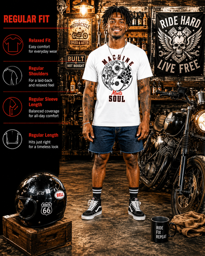 Fabric and fit details for the Machine Meets Soul premium biker t-shirt, 180 GSM cotton unisex fit
