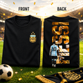 Flat lay of The Golden GOAT Messi fan t-shirt in black, front and back artwork