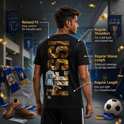 The Golden GOAT Messi football fan t-shirt, product view | Unikorn Tribes
