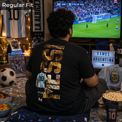 Man wearing The Golden GOAT Messi fan t-shirt in black, gold front print