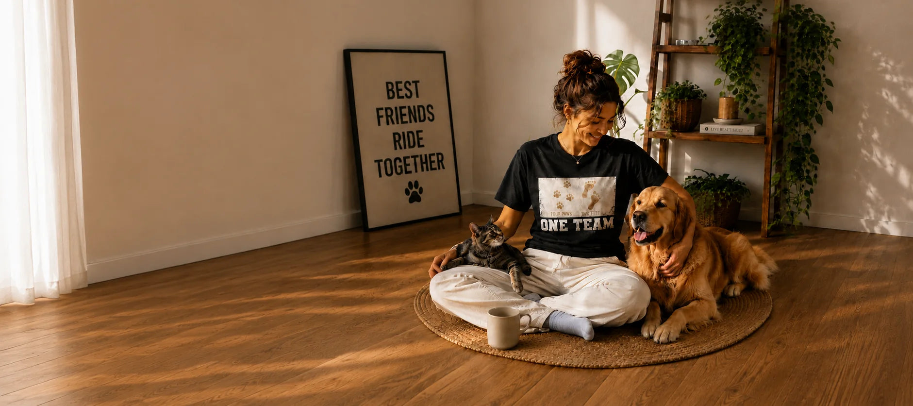 Pet parent at home with her golden retriever and cat, wearing the UnikornTribes Four Paws Two Feet One Team t-shirt