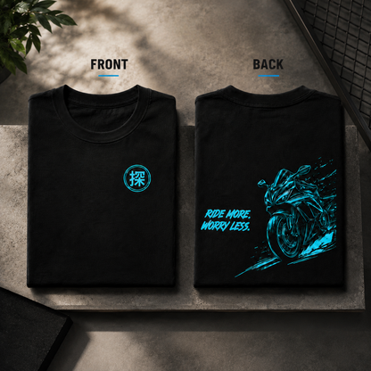 Folded black Ride More Worry Less premium sports bike T-shirt showcasing the minimalist front chest emblem.