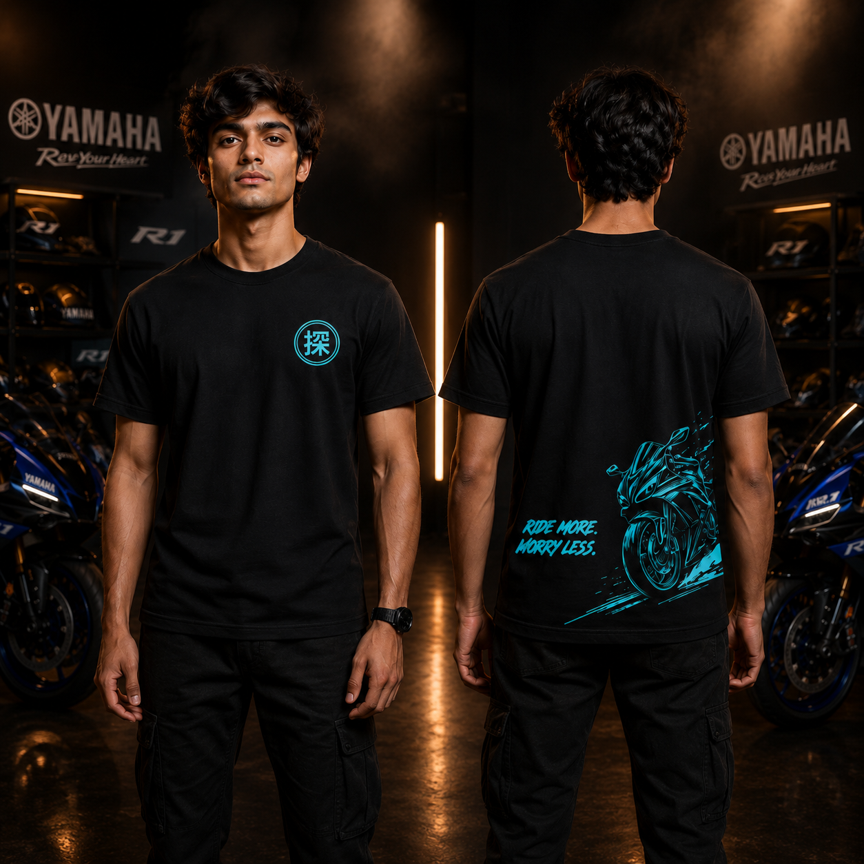 Male model wearing the black Ride More Worry Less premium sports bike T-shirt showing the front chest emblem and racing-inspired back print.