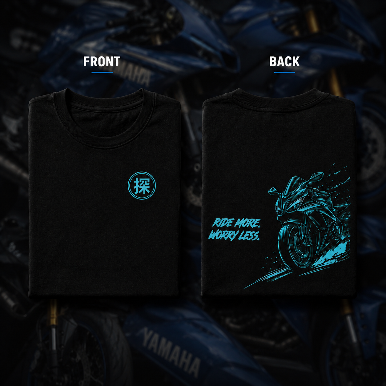Front and back view of the black Ride More Worry Less premium sports bike T-shirt featuring a minimalist chest logo and bold motorcycle graphic on the back.