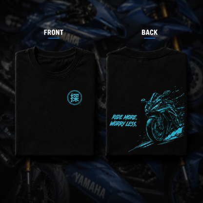 Front and back view of the black Ride More Worry Less premium sports bike T-shirt featuring a minimalist chest logo and bold motorcycle graphic on the back.