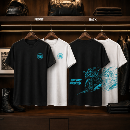 Black and white Ride More Worry Less premium sports bike T-shirts displayed together showing both color variants and front-back designs.