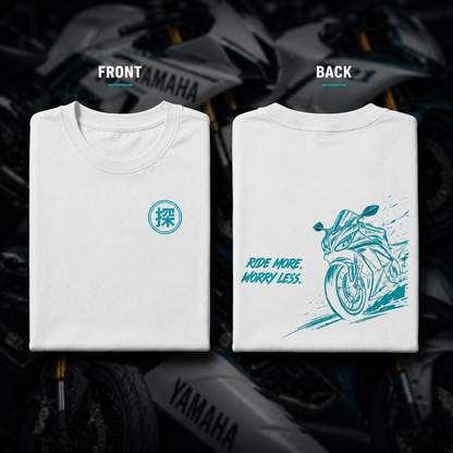 Front and back view of the white Ride More Worry Less premium sports bike T-shirt with minimalist chest logo and motorcycle graphic back print.